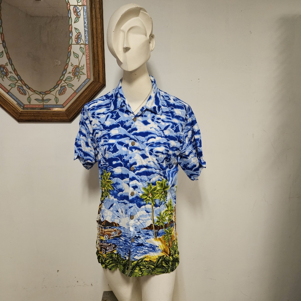 Thumbs Up Hawaiian Short Sleeve Button Down Palm Trees and Dolphins Shirt Unisex